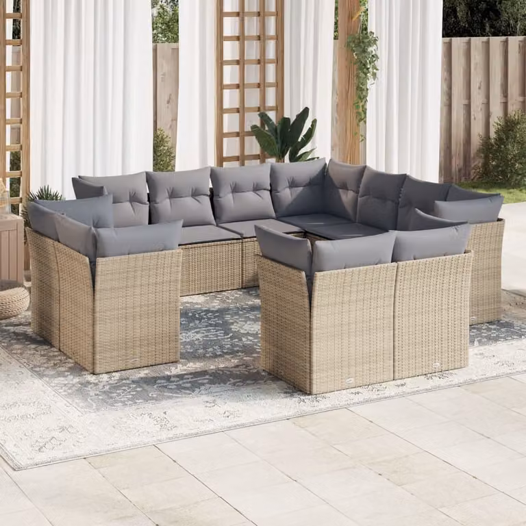 Set di divani da giardino vidaXL in polyrattan con cuscini beige e grigi a forma di U per esterno