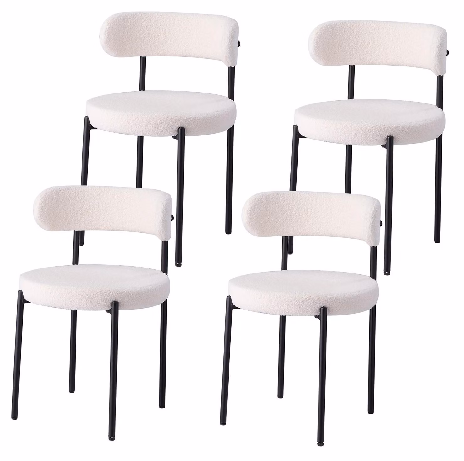 Sedie da pranzo - Set di 4 sedie imbottite per la sala da pranzo - Seduta rotonda - Gambe in metallo - Design mid-century - Bianco
