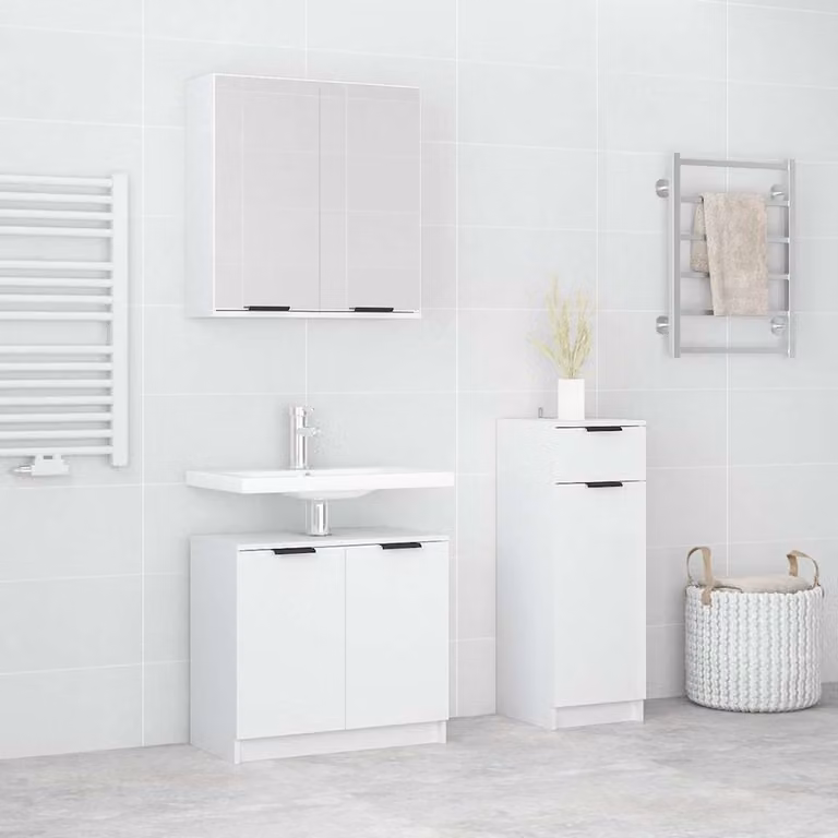 vidaXL Set di Mobili da Bagno Moderno 3 pz Bianco in Legno con Specchio e Pensile a Parete