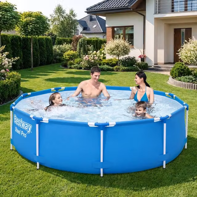 Piscina fuoriterra rotonda Bestway Steel Pro blu con struttura in acciaio inossidabile, Diametro: 305 cm, Altezza: 76 cm