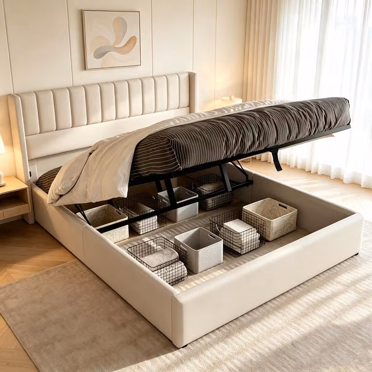 Letto imbottito INONEFT, 160 x 200 cm, con meccanismo a sollevamento idraulico, rete a doghe e contenitore, rivestito in lino, senza materasso, color beige
