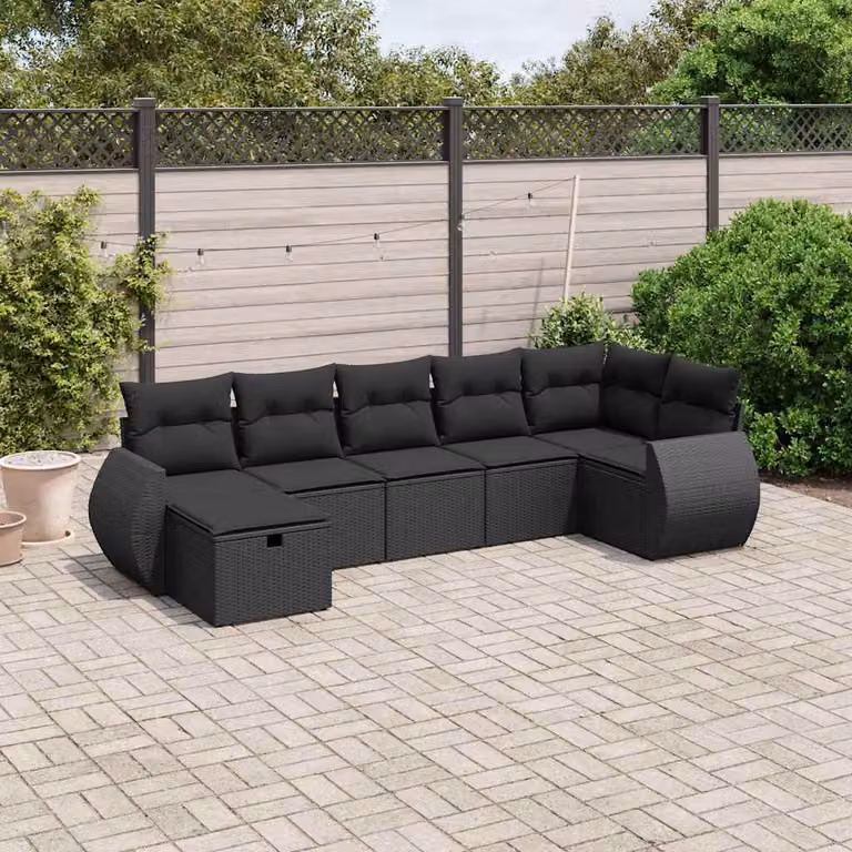 vidaXL Set Divano da Giardino a L con 7 Cuscini Nero in Polyrattan e Acciaio