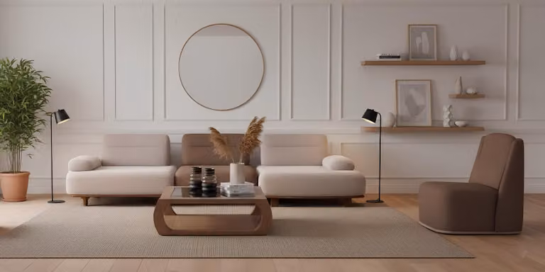 Set divani di design: divano ad L, divano angolare, poltrona, divano componibile moderno, beige e marrone
