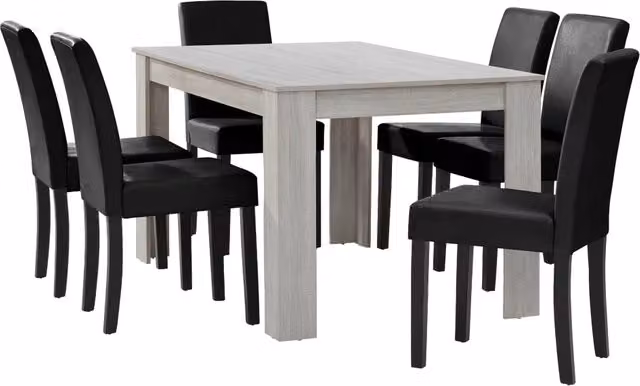 Set Pranzo con Tavolo 140x90 cm e 6 Sedie in Similpelle - Effetto Rovere Bianco / Nero [en.casa]