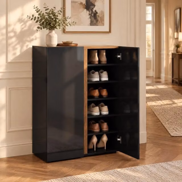 Scarpiera 108.5x47.5x22.5 cm a 6 livelli con chiusura ammortizzata in pannello truciolare nero