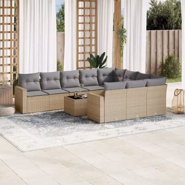 Set di Divani da Giardino a L vidaXL in Polyrattan con Cuscini Beige e Tavolino da Esterno 11 Pezzi