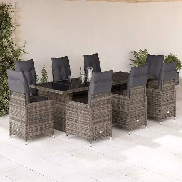 Set Bistrò da Giardino vidaXL in Polyrattan Grigio con Cuscini e Tavolo in Vetro, 9 Pezzi