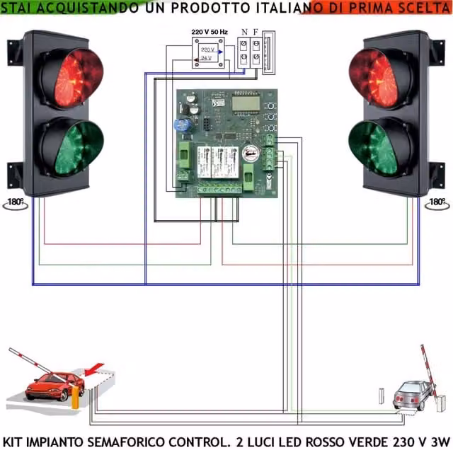 Kit Semaforo Orientabile 180 per Garage Securvera con 48 Led Rossi e Verdi, Lente Ø 124 mm, Alimentazione 230 V 3W IP65 e 2 Sensori per Masse Metalliche