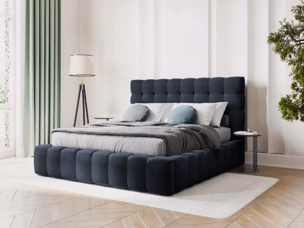 Letto con cassettone e testiera Bali di Cosmopolitan Design in velluto blu scuro L: 160 cm, P: 200 cm, H: 125 cm – 2