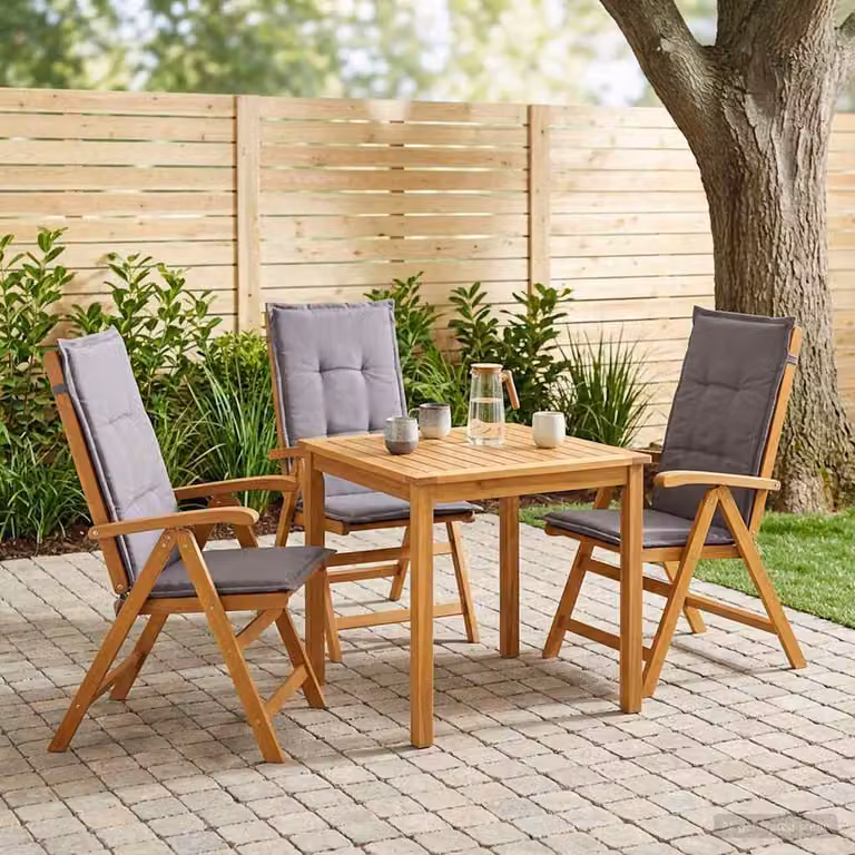 Set di 3 sedie da giardino reclinabili vidaXL in legno di acacia naturale con cuscini e braccioli