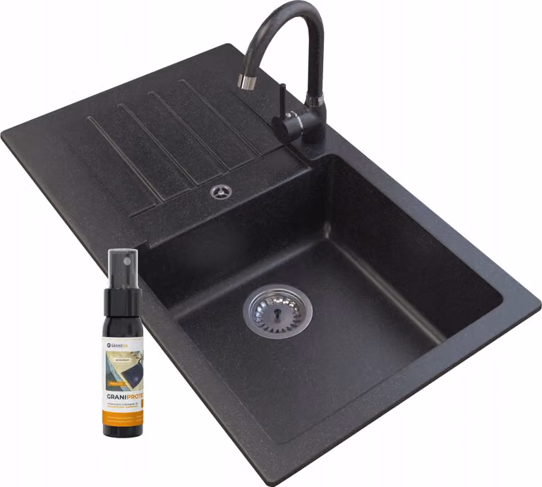 Granitan - Lavello in granito - Lavello da cucina - 76x44 cm - Nero - con rubinetteria e sifone - Lavello - TRIX
