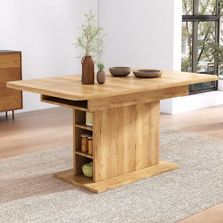 Tavolo da pranzo allungabile con vano portaoggetti, dimensioni 110-130x70x75 cm, finitura naturale