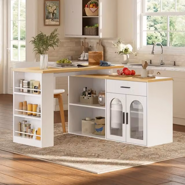 Isola da cucina ULEVR 136x50x78 cm con piano girevole a 360¡ã, cassetto e ripiani, bianca