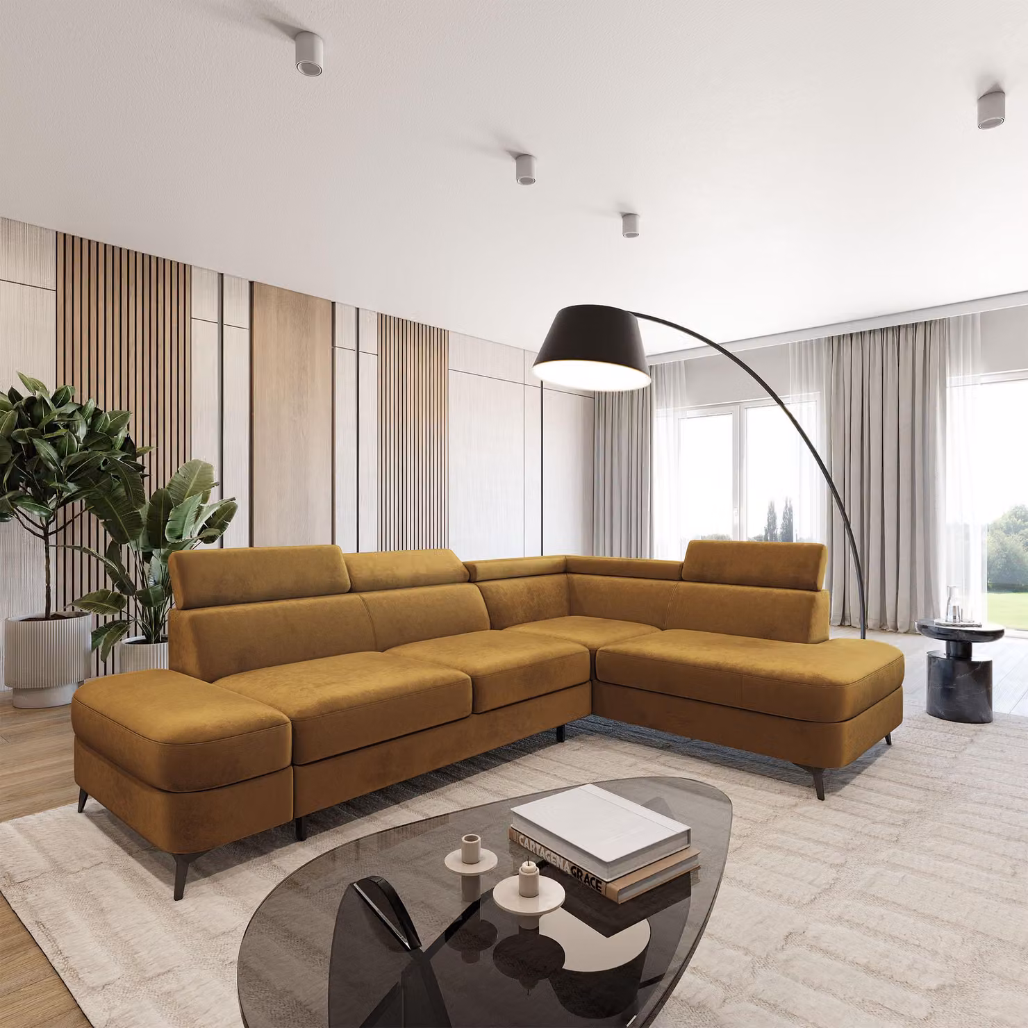 Divano ad angolo Masseno AVISE M R-S con funzione letto a L, divano con contenitore, divano da salotto, divano, divano letto, set divani - Giallo, MONOLITH 48