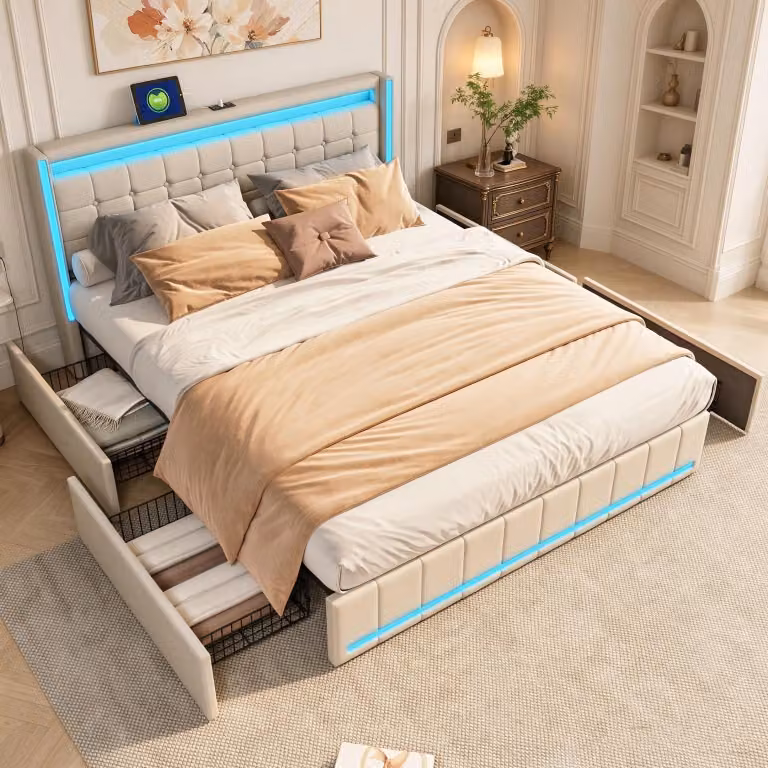 Letto imbottito INONEFT, 160x200 cm, con 4 cassetti, letto per ragazzi/coppie con USB/Tipo-C e LED, letto contenitore in legno massello con rete a doghe, in lino, color beige