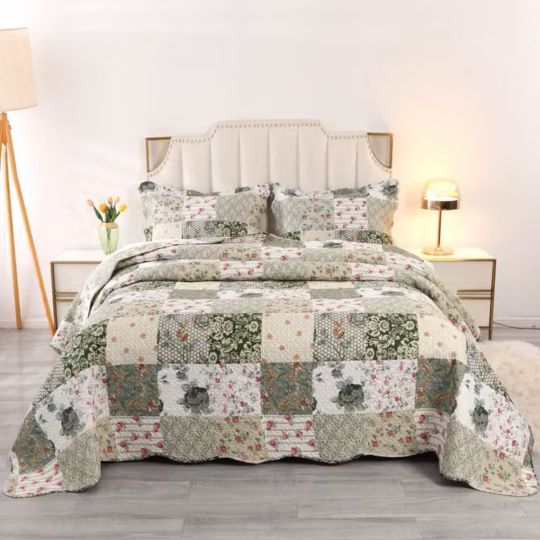 Omgoods - Copripiumino patchwork floreale verde, taglia king, 230 x 260 cm, con 2 federe