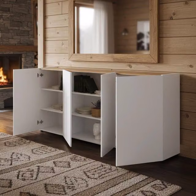 Credenza Arcanda, Buffet da soggiorno, Madia da salotto, Dispensa da cucina, Made in Italy, 203x40h92 cm, Bianco lucido e Rovere