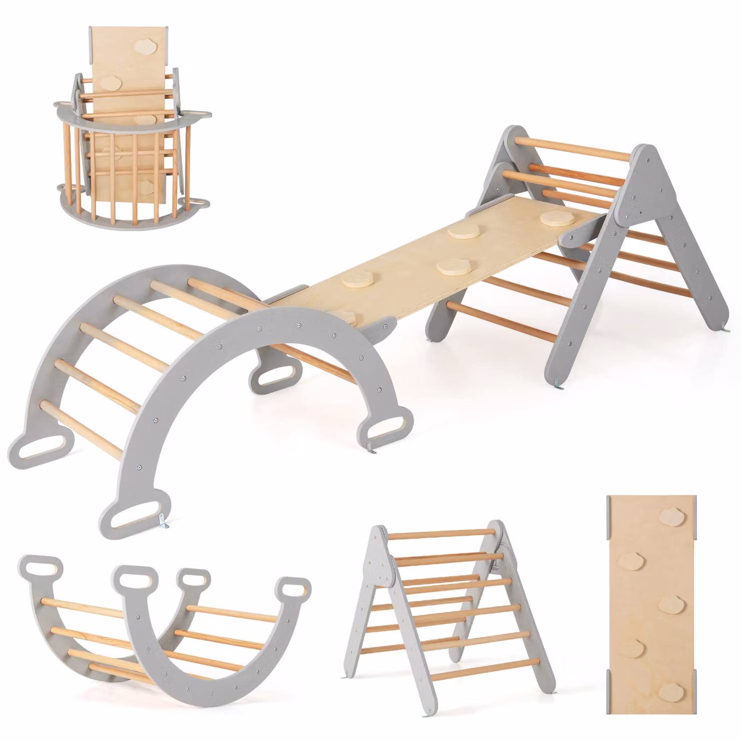 COSTWAY Triangolo di arrampicata 4 in 1 con scivolo, arco di arrampicata, incl. rampa bifacciale, per arrampicarsi, scivolare e oscillare Grey