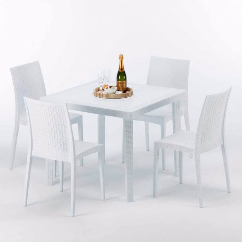 Tavolo quadrato bianco e 4 sedie in polipropilene colorato per esterni Grand Soleil Bistrot Love - Bianco