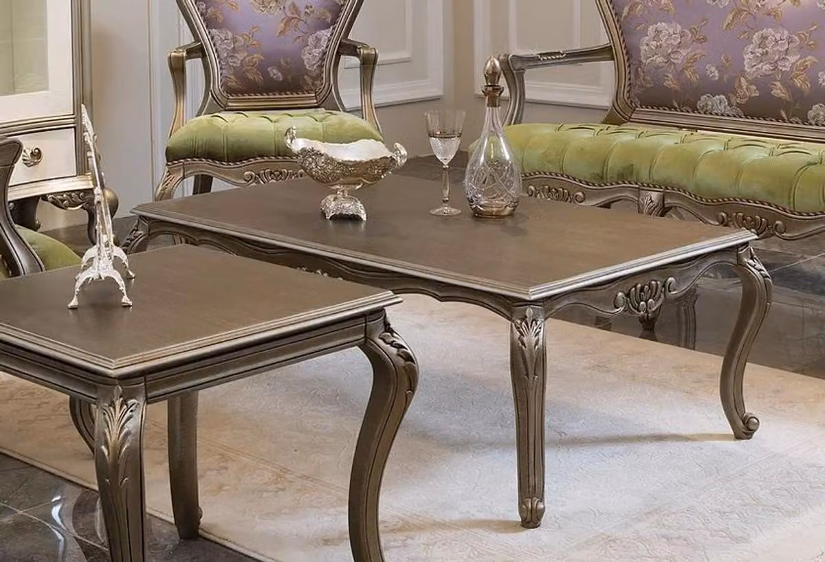 Casa Padrino tavolino barocco argento 125 x 70 x h. 41 cm - Tavolo da salotto in legno massello - Nobile arredamento barocco