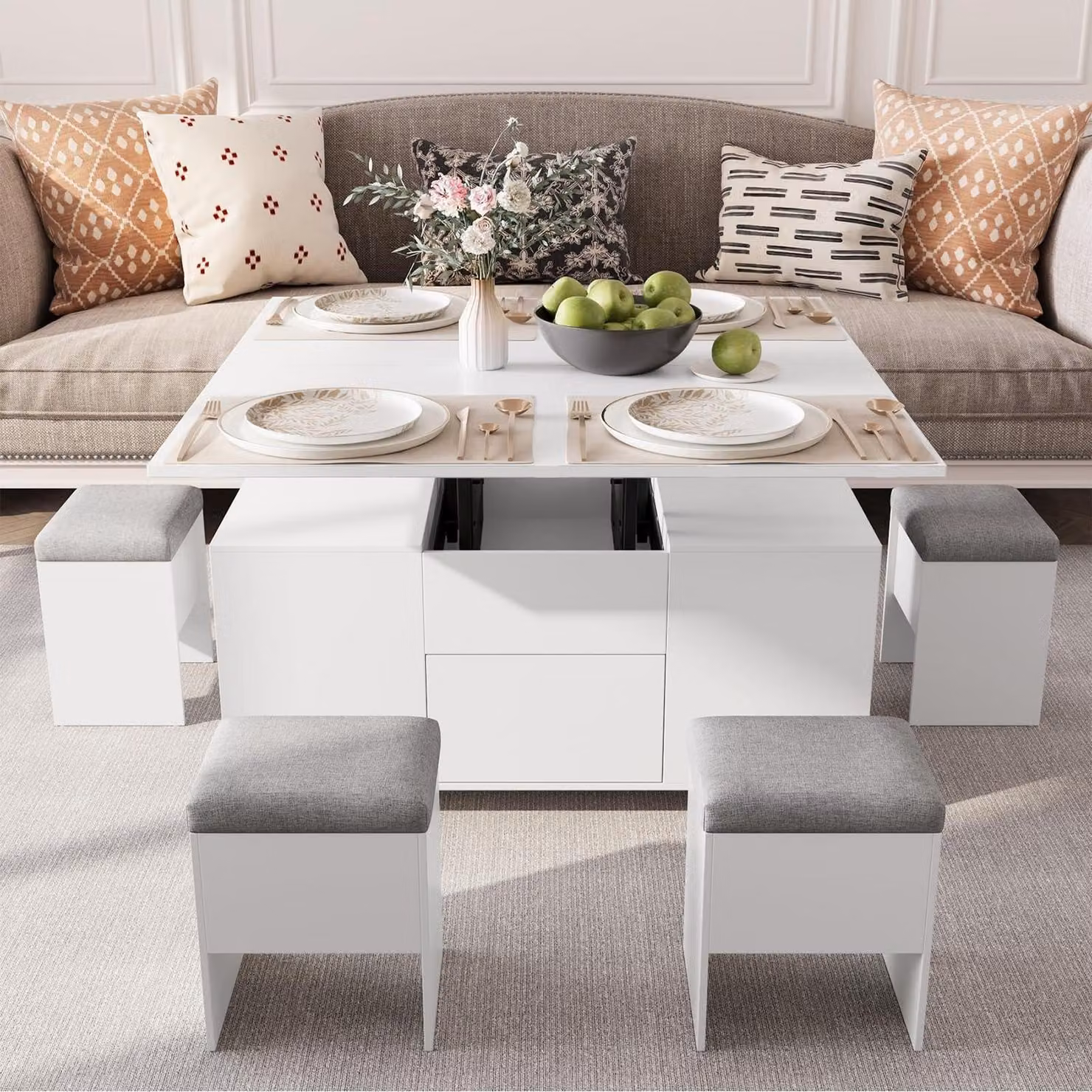 Tavolino da divano regolabile in altezza con poggiapiedi, design 3-in-1, colore bianco