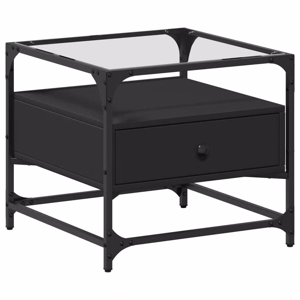 Tavolino con Piano in Vetro Nero 50x50x45 cm Acciaio