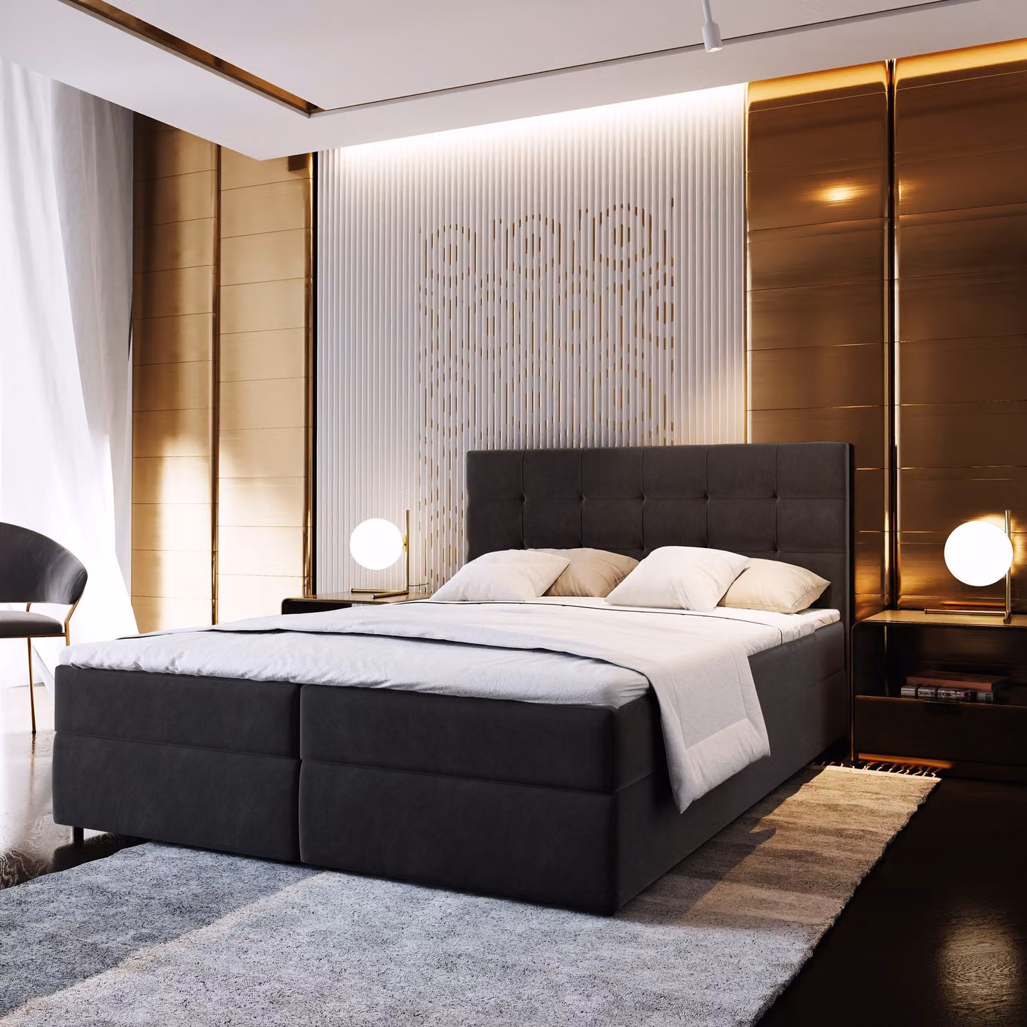 Letto a molle Masseno GLOS 180x200 cm completo di materasso e topper Bonell, letto imbottito con cassettiera - nero, COSMIC 100