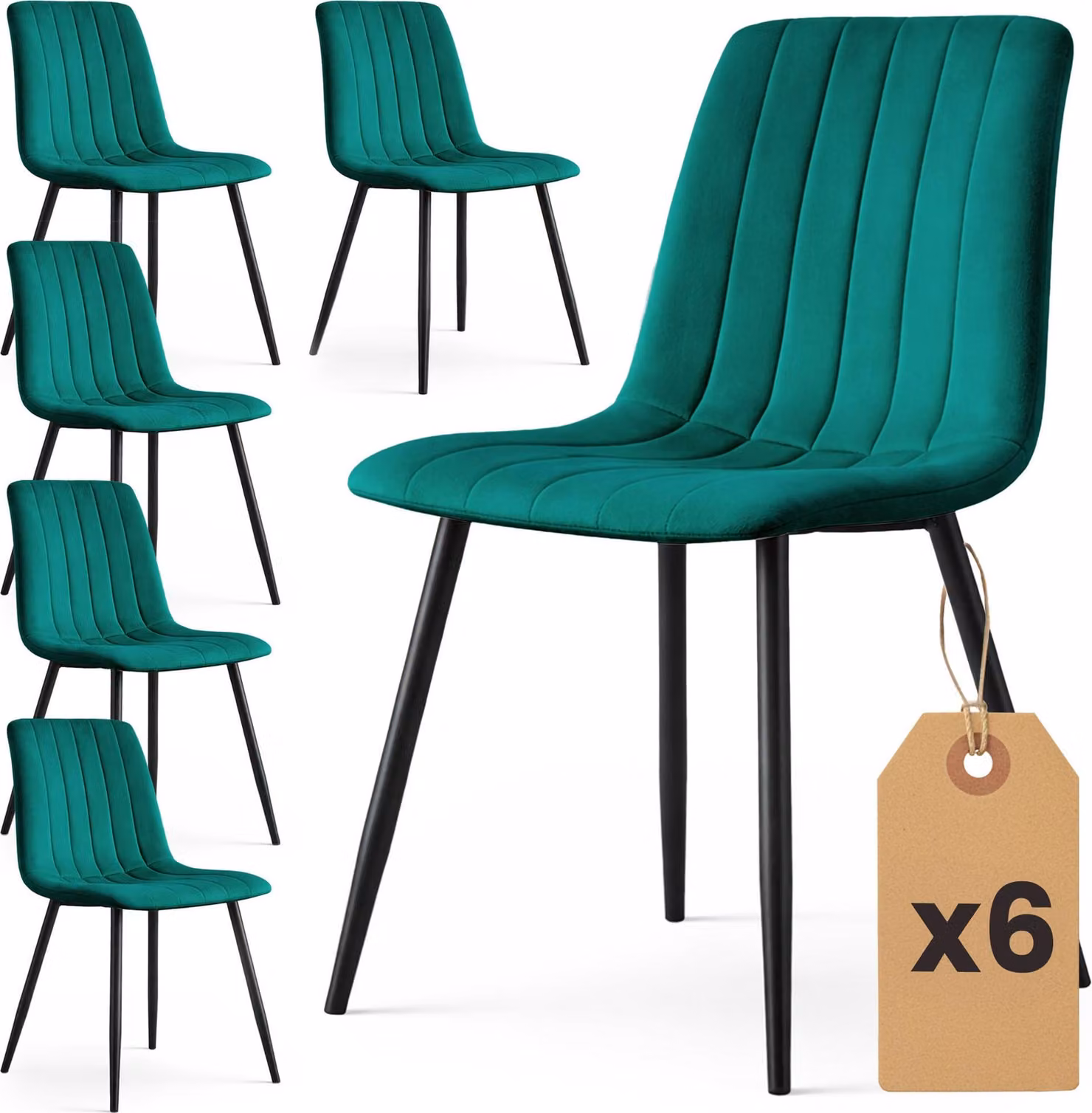 Set di 6 Sedie in velluto trapuntate LIVO Verde Bottiglia gambe nere