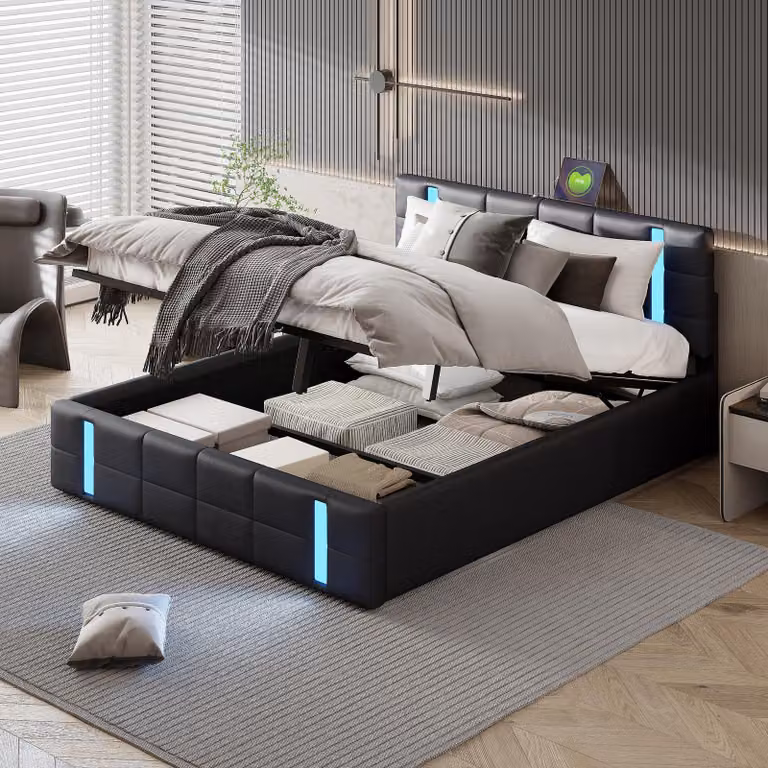 letto contenitore 140x200 con USB e tipo C, letto imbottito con rete a doghe, letto matrimoniale, nero