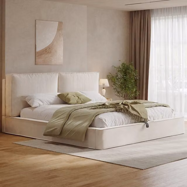 Letto matrimoniale imbottito 160x200 cm con rete a doghe; testiera imbottita; ciniglia; beige