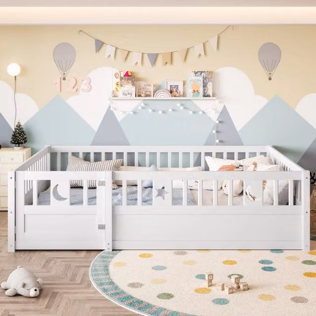 Letto per bambini REDOM in pino bianco con sponde di sicurezza L/P: 140 x 190 cm