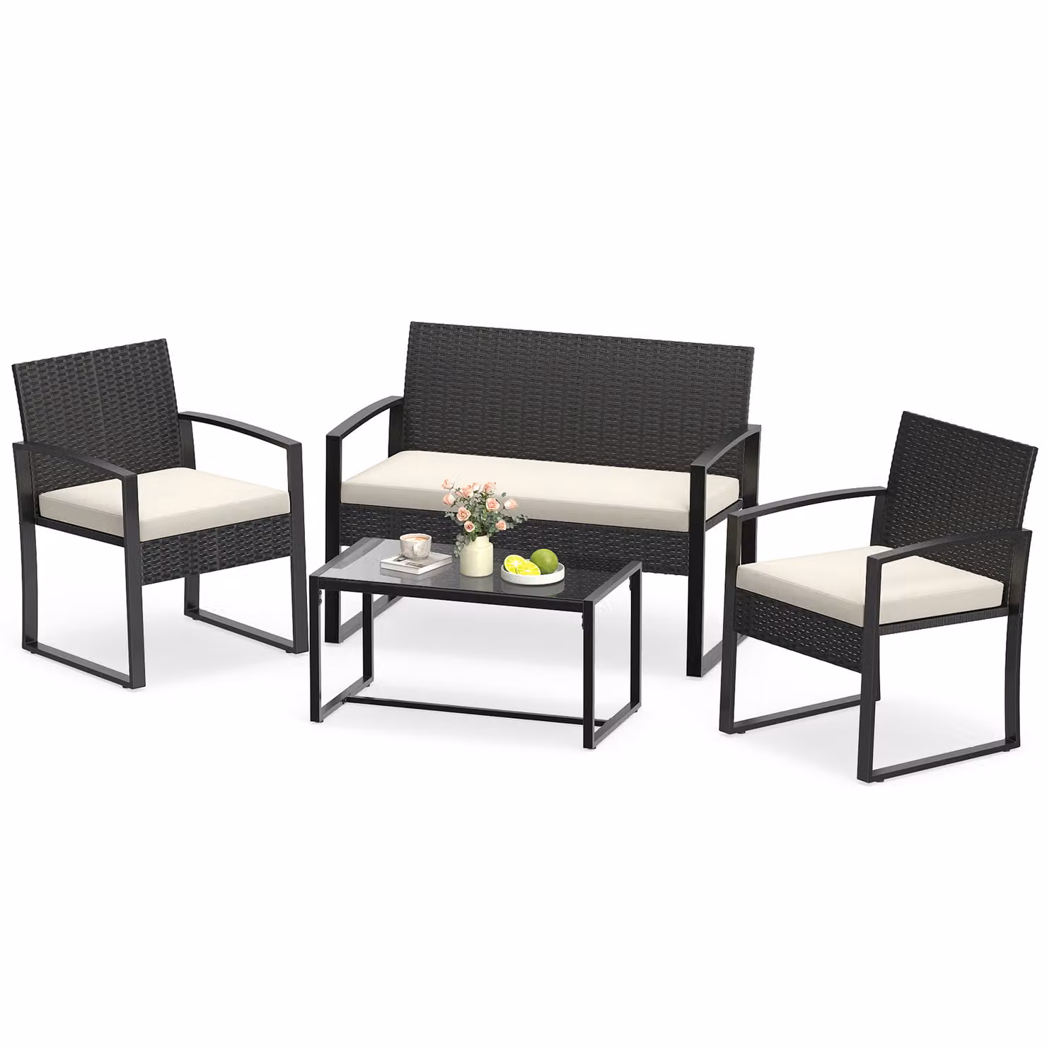 Set mobili da giardino Costway a 4 pezzi in rattan beige con divano a 2 posti, poltrone e tavolino con piano in vetro temperato
