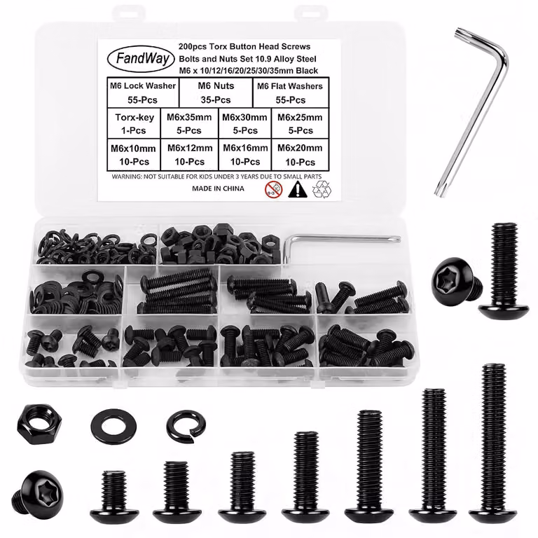 Set di viti Torx, 200 pezzi, M6, a testa esagonale, in acciaio 10.9, per montaggi meccanici