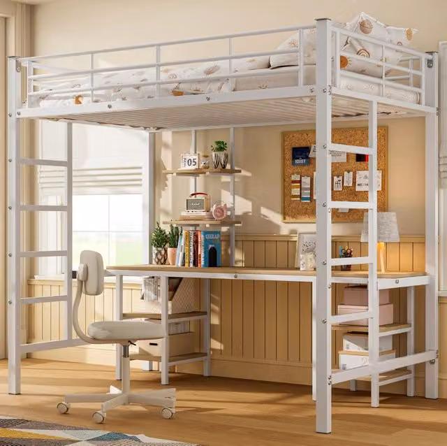 Letto a castello 204.5x95.5x180.5 cm con tavolo e ripiani in metallo e MDF bianco