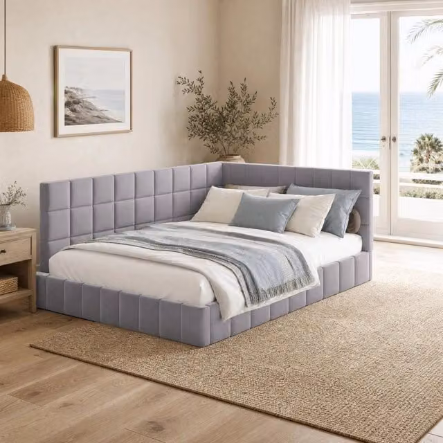 Letto da giorno ULEVR 140x200 cm in velluto grigio con rete a doghe, schienale reversibile e bracciolo