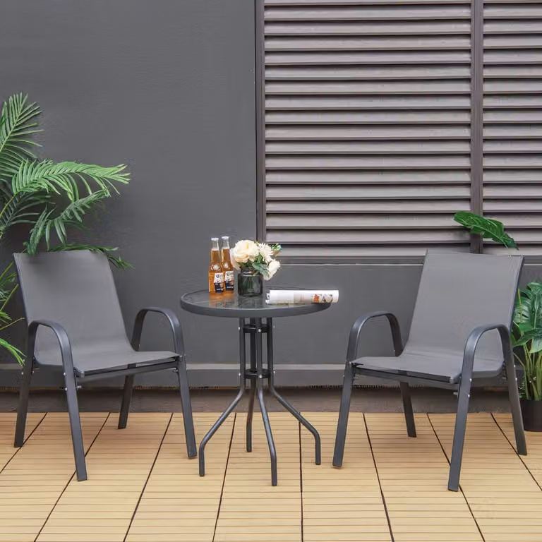 Set da conversazione da giardino Costway composto da 3 pezzi con tavolino e poltrone in tessuto textilene grigio e struttura in acciaio