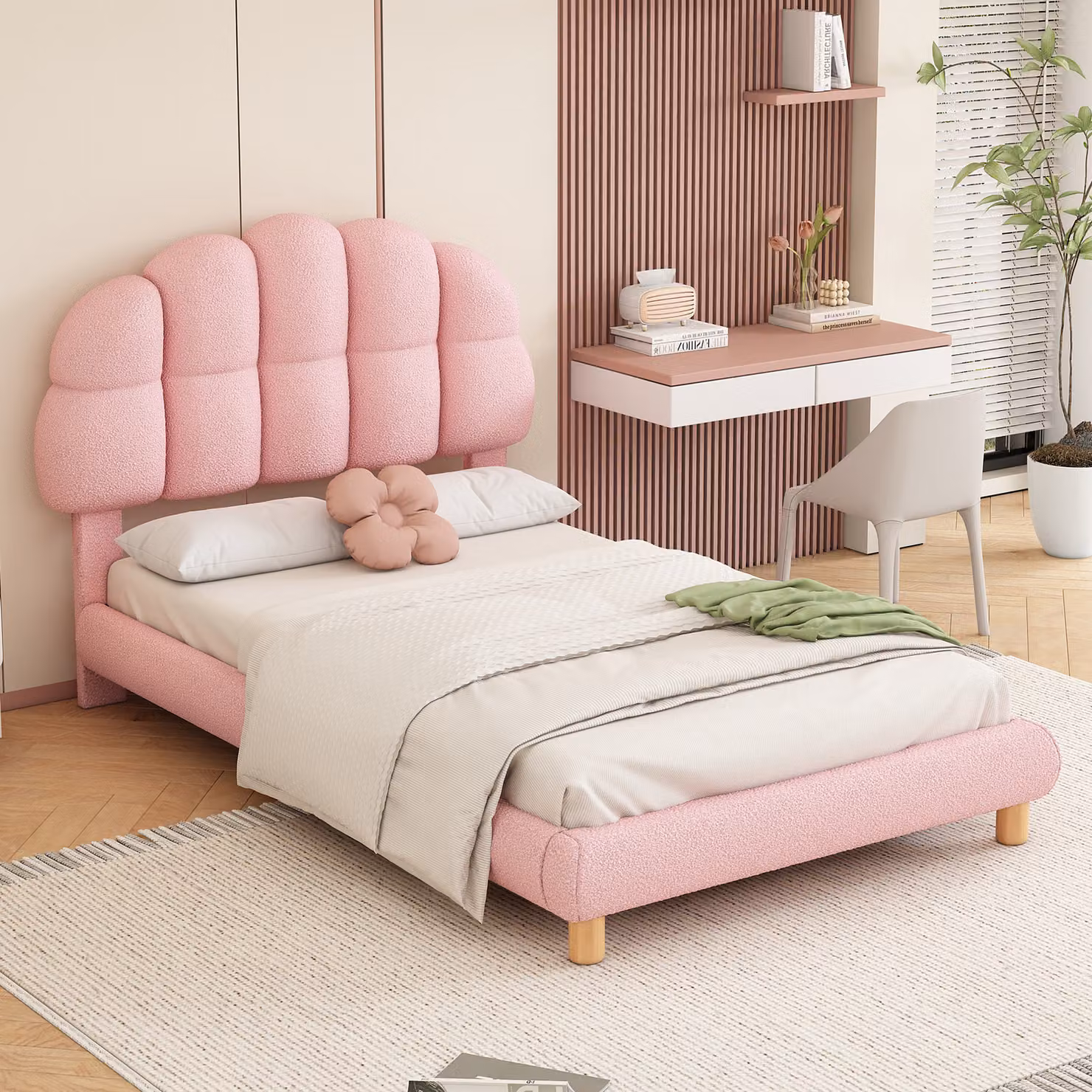 Letto imbottito Merax 90x200cm con testata semicircolare, letto singolo rivestito in velluto letto per bambini con rete a doghe in legno, rosa