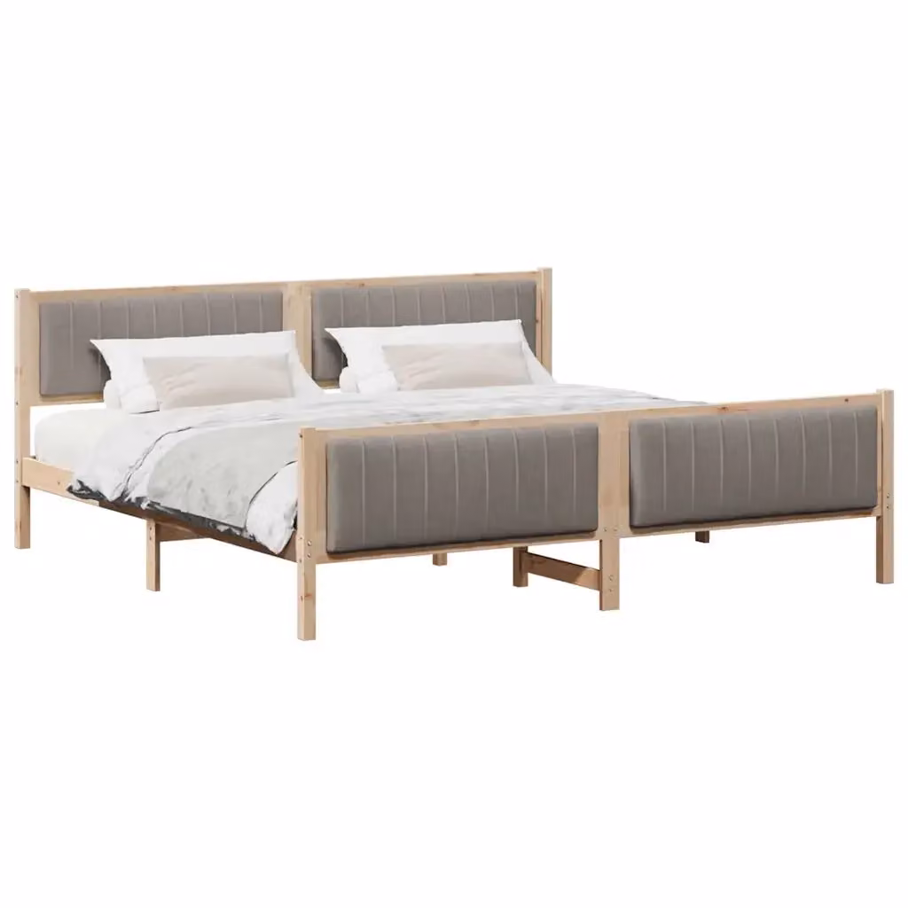 Struttura del letto con testiera vidaXL in legno di pino e tessuto, Marrone e Beige, 200 x 200 cm – 2