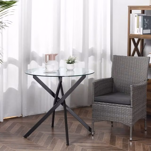 Tavolino da Salotto Rotondo con Piano in Vetro Temperato e Struttura in Metallo Nero 80x80x75 cm