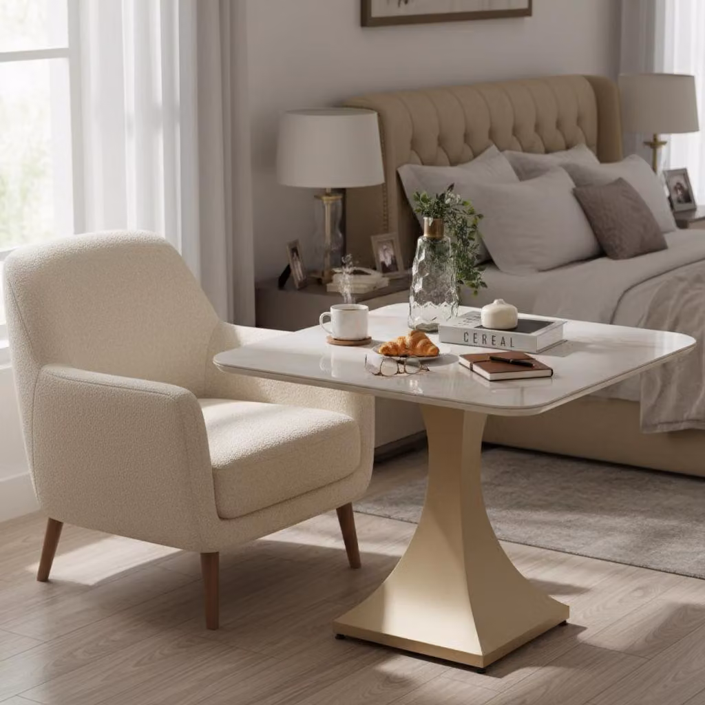 Tavolo da pranzo moderno, minimalista, beige, elegante, di classe, confortevole