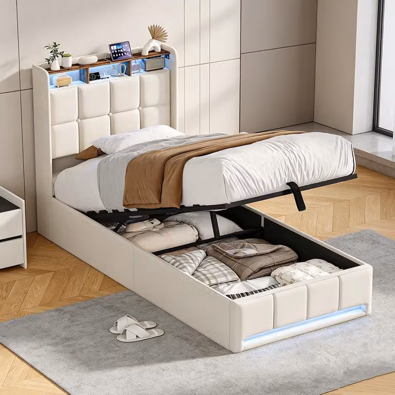 Letto a molle insacchettate INONEFT, dimensioni 90x200, con illuminazione LED e porte USB/C, letto imbottito con spazio contenitore a sollevamento idraulico e rete a doghe, struttura letto singola, colore: lino, beige