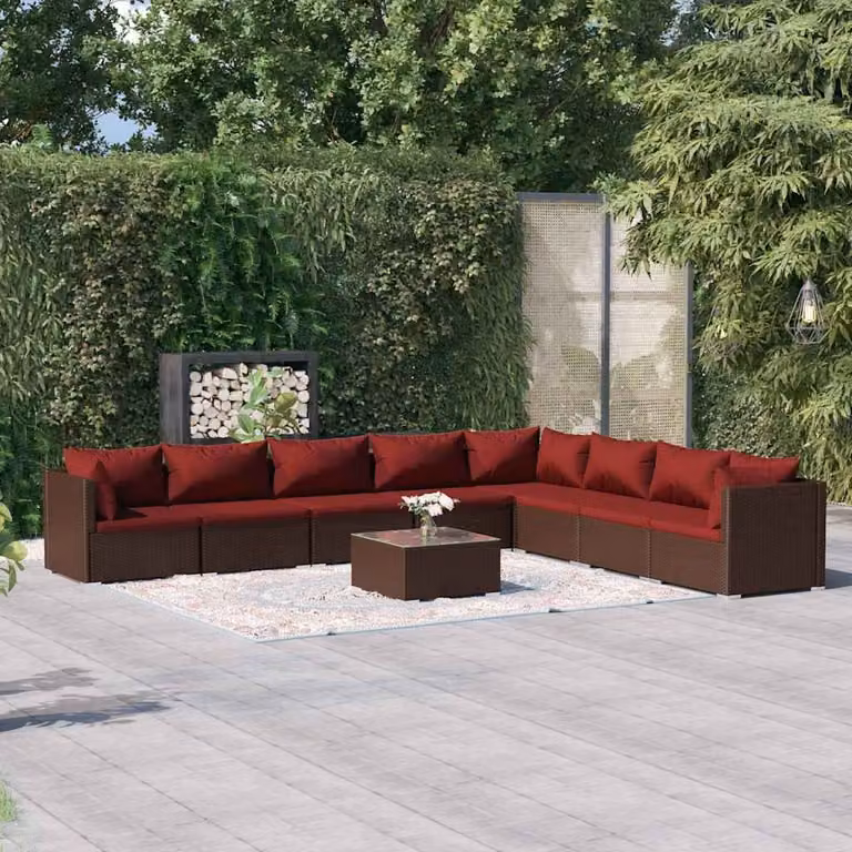 vidaXL Set Divani da Giardino 9 pz in Polyrattan Marrone con Cuscini e Tavolino
