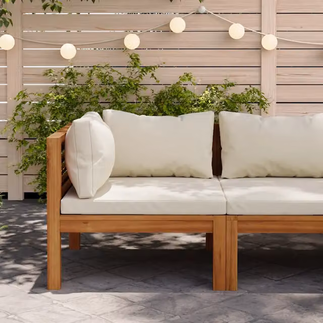 Divano Angolare Modulare Design Mania in Legno di Acacia con Cuscini Bianchi per Giardino e Soggiorno