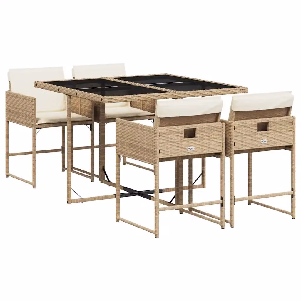 Set da Pranzo da Giardino vidaXL in Polyrattan con Cuscini Beige e Tavolo in Vetro 5 Pezzi – 2
