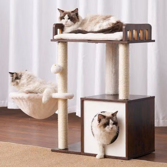 Albero per gatti Ibbenzoa® in legno, con piattaforma di riposo di 30x50 cm, cesta per gatti di diametro 30 cm, 2 colonne in sisal per grattare, aspetto noce – ideale per gatti di piccola e media taglia