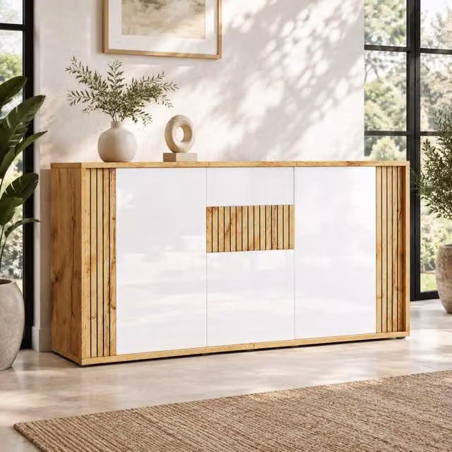 Credenza con 3 ante lucide e 6 vani ad apertura a pressione per soggiorno in bianco e naturale 140 × 35 × 71 cm