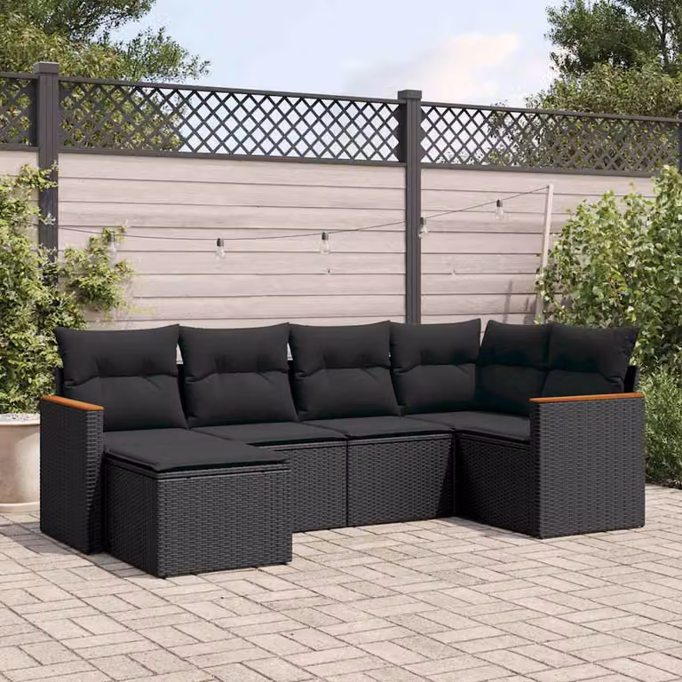 Set Divano da Giardino vidaXL 6 pz a Forma a L con Cuscini Nero in Polyrattan e Struttura in Acciaio