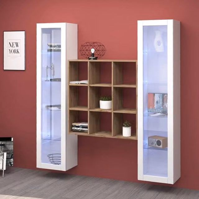 Mobile Espositore Felice DMORA con Ante in Vetro e 14 Ripiani, Bianco Lucido, L/P/H: 30 x 40 x 180 cm – 1