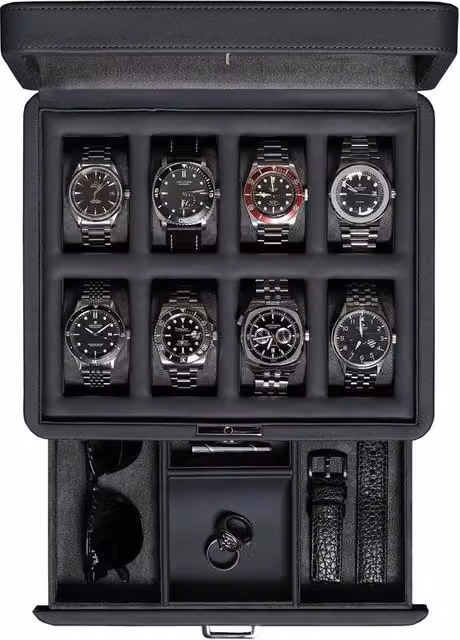 Cassa orologio in carbonio per 8 orologi - Cassa orologio in pelle con coperchio in vetro reale - Scatola accessori con più compartimenti