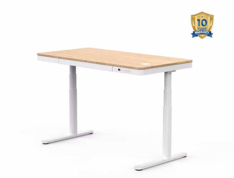 Scrivania regolabile in altezza FlexiSpot con piano in bambù e struttura bianca per home office